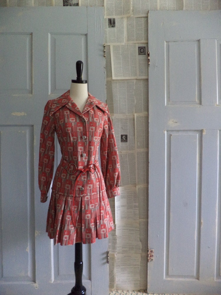 Vintage 1960s Dress 60s Red Vintage Drop Waist Mini Dress SM MED