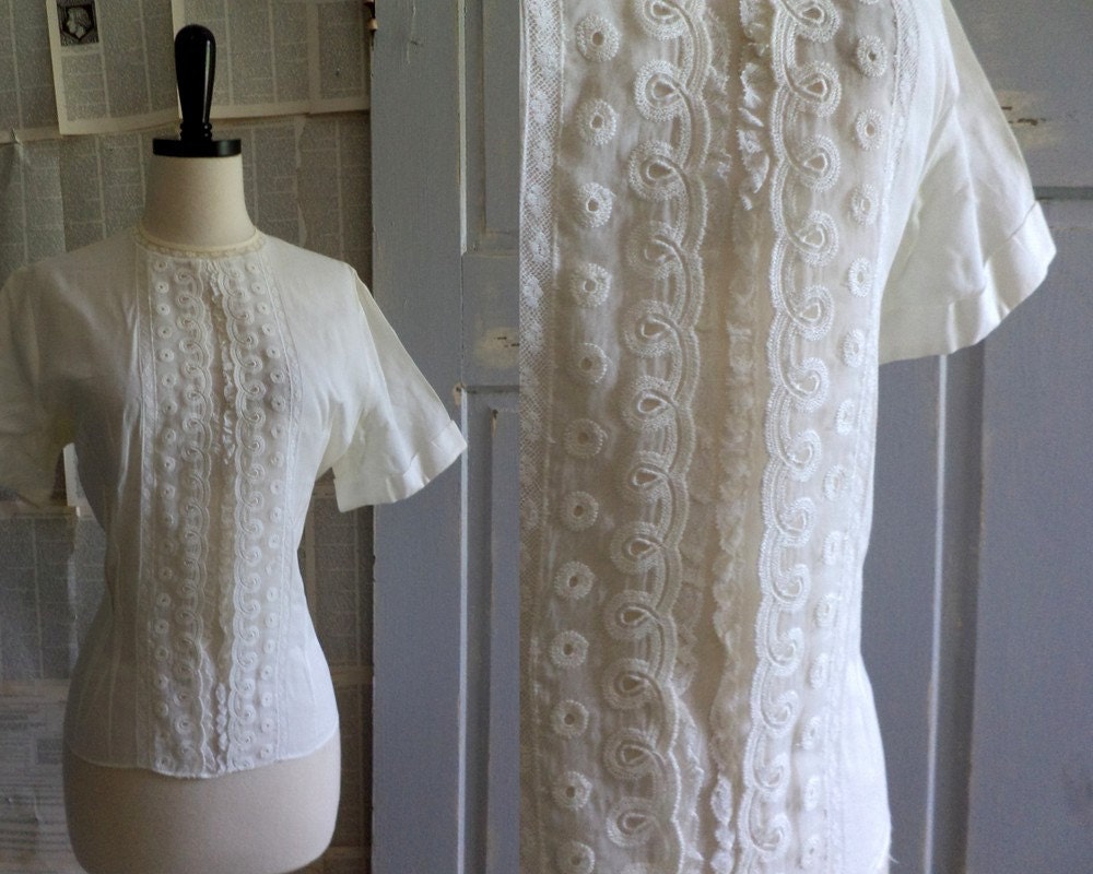 1940s White Blouse White Lace Blouse 40s Cotton Top Size Large