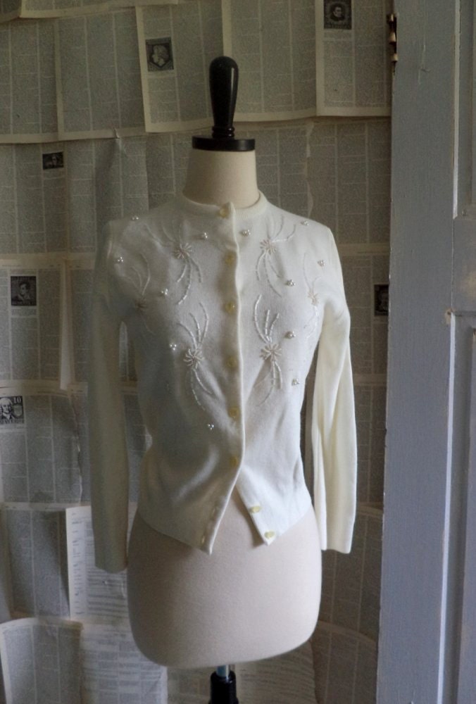 Vintage Beaded Sweater Cardigan, 1960s Off White Sweater with Pearls SM