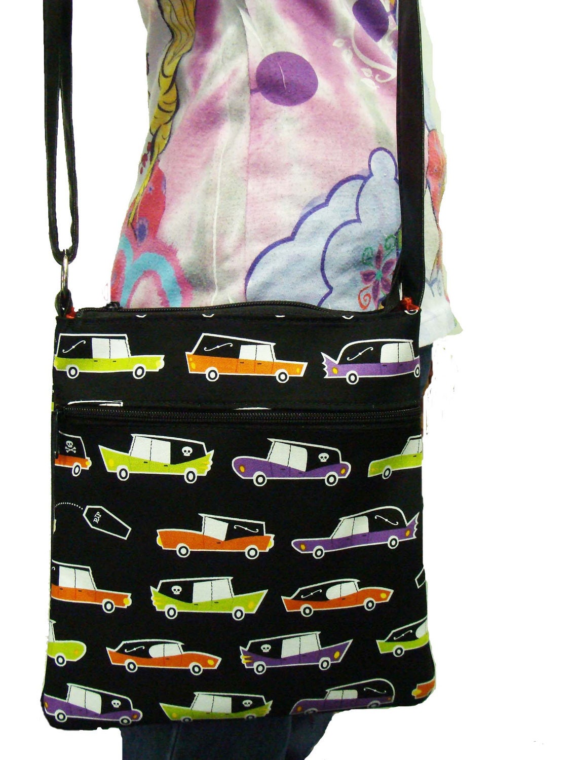 US handmade Cross Overbody Hearses  Rockabilly Day of The Dead Gothic cars Pattern Shoulder Bag Purse, Cotton , New
