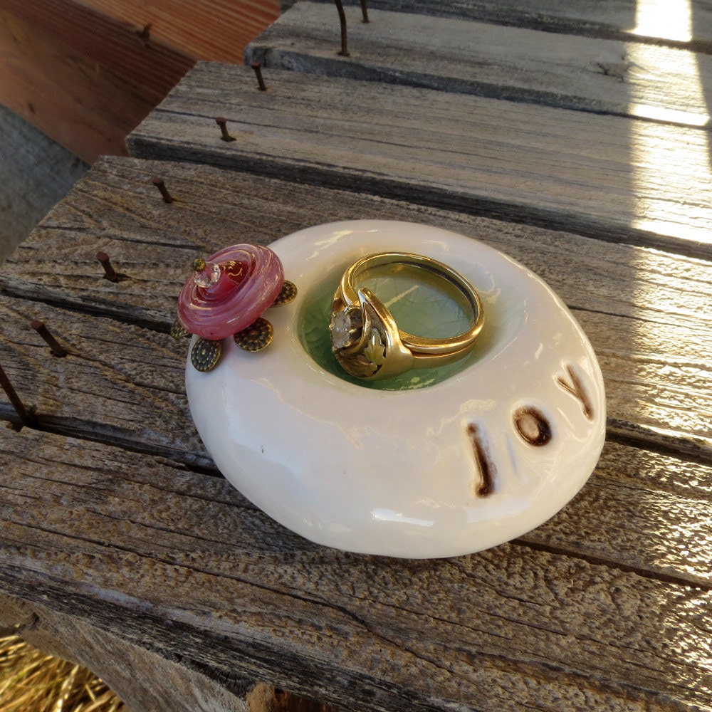Wedding ring holder, engagement ring bowl, pink flower pottery ceramic ring dish, Joy