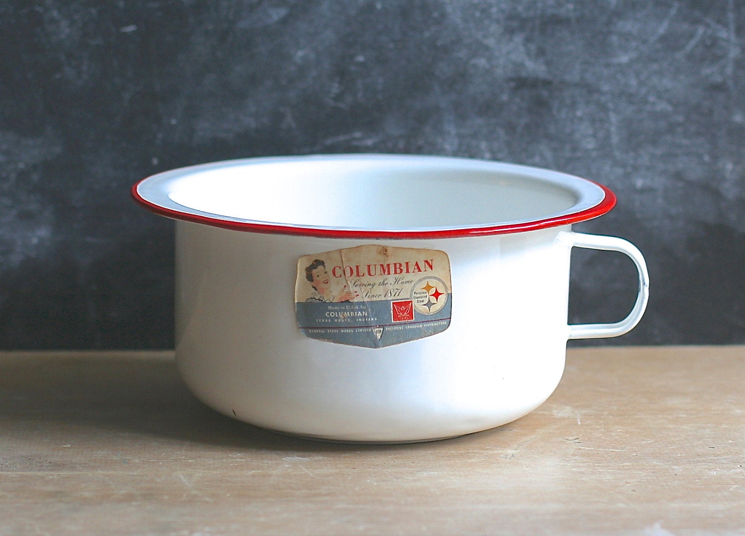 Columbian Enamelware Bowl Loop Handle White Red Rim Never Used