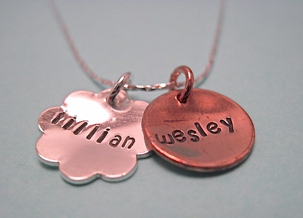 Petals- 18 inch sterling silver necklace with sterling silver and copper hand stamped charms customized for you