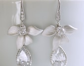 Wedding Earrings Silver Orchid Earrings Cubic Zirconia Dangles Wedding jewelry