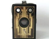 vintage brownie camera junior six-16 box style art deco gold black mid century modern retro electronics decorative home decor prop