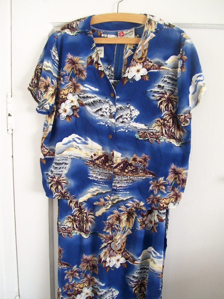 vintage 2 piece dress sz 18 tommy bahama womens hawaiian shirt top blouse ladies floral flowers clothing hawaii tiki summer blue brown