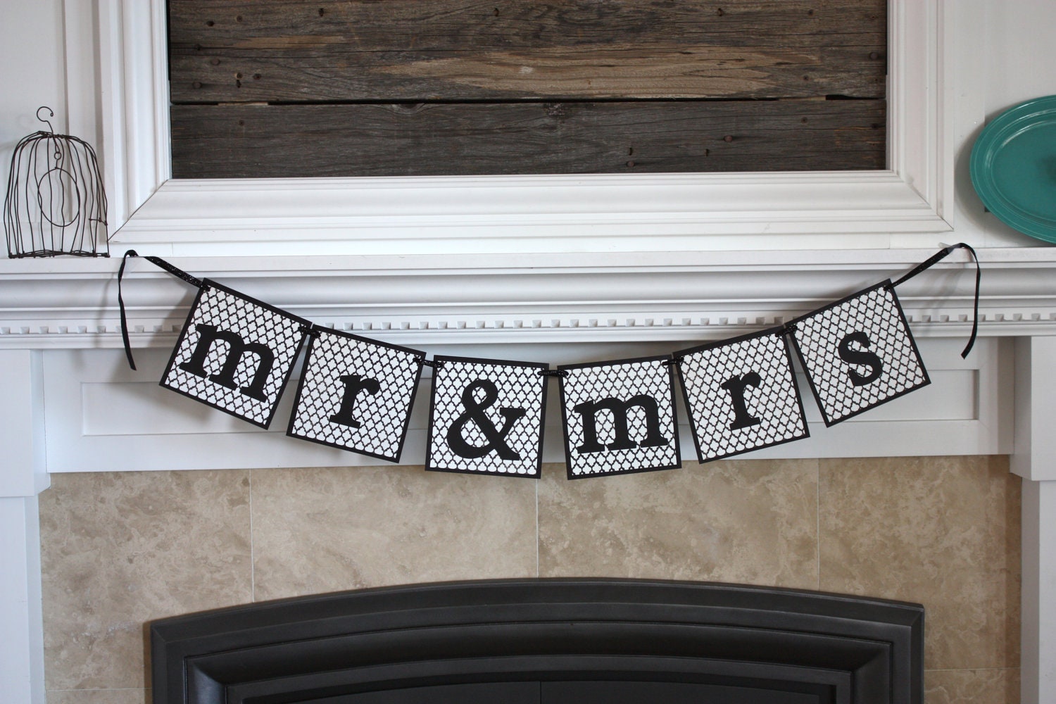 SALE: Mr and Mrs  black and white quatrefoil Wedding Banner