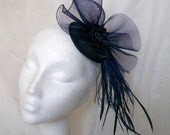 Navy Blue Feather Plume Crinoline & Crystal Pearl or Rhinestone Wedding Fascinator Mini Hat - Custom Made to Order