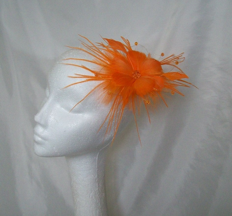 Bright Orange Tangerine Tango  Feather Flower and Crystal Fascinator Hair Comb - Wedding or Races Custom Made to Order