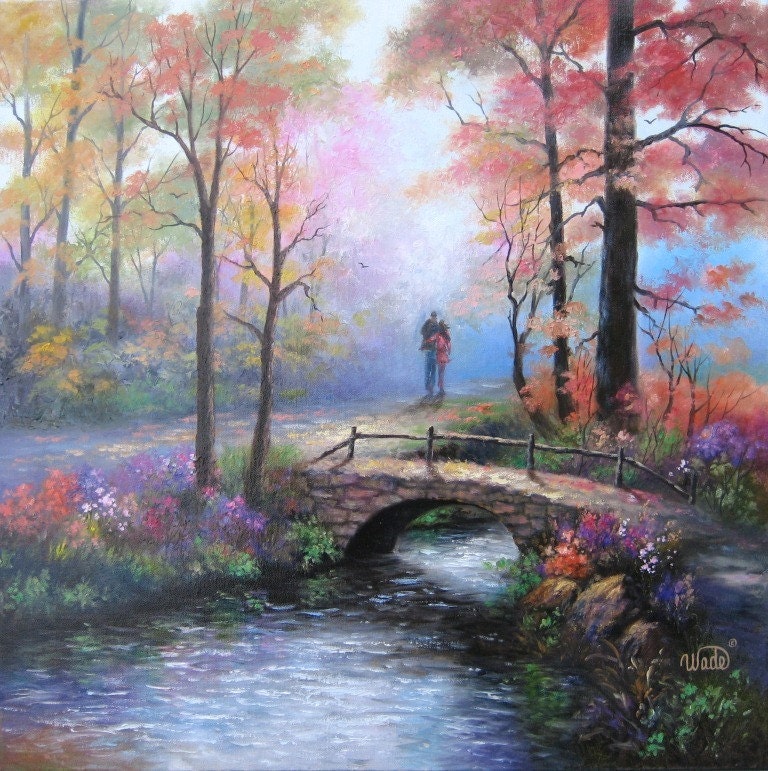 Whispers Original Oil Painting, lovers walking, romantic painting, loving couple paintings, Vickie Wade art