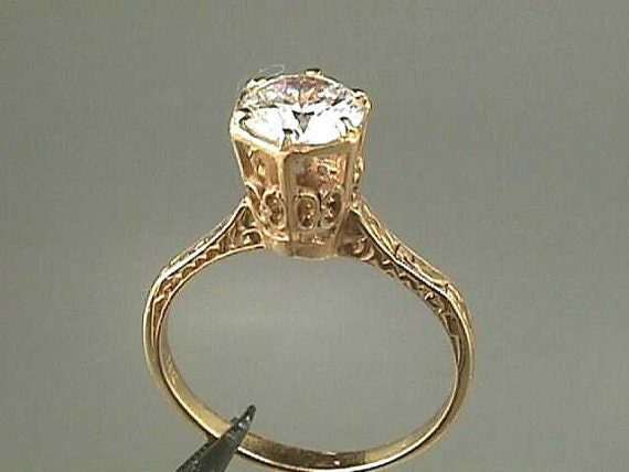 18K Art Nouveau Edwardian Engagement Ring with .80 Carats 6 mm Manmade Diamond in Solid Yellow Gold Antique Setting