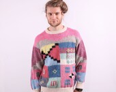 Colorblock Sweater / Mens 1970s Bright Abstract Sweater / sz Medium