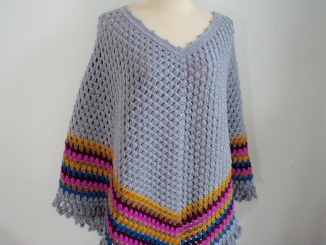 Crochet Poncho shawl in Grey