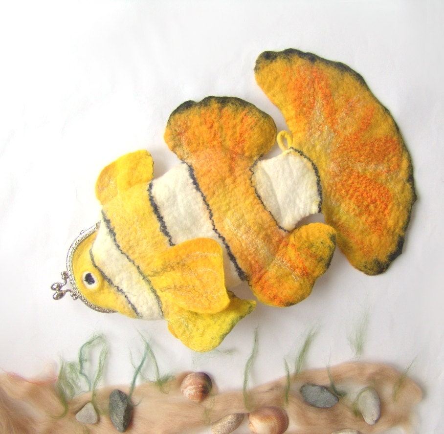 RESERVED Felted purse cosmetic Yellow Fish Metal Frame octopurse