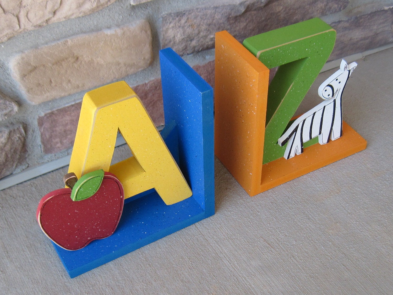 A to Z bookends for children library, bookshelf, Apple, Zebra