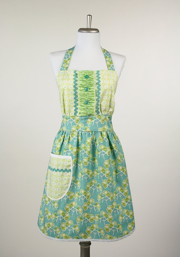 Lime Green and Aqua Ruffled Bib Apron Cottage Chic Handmade