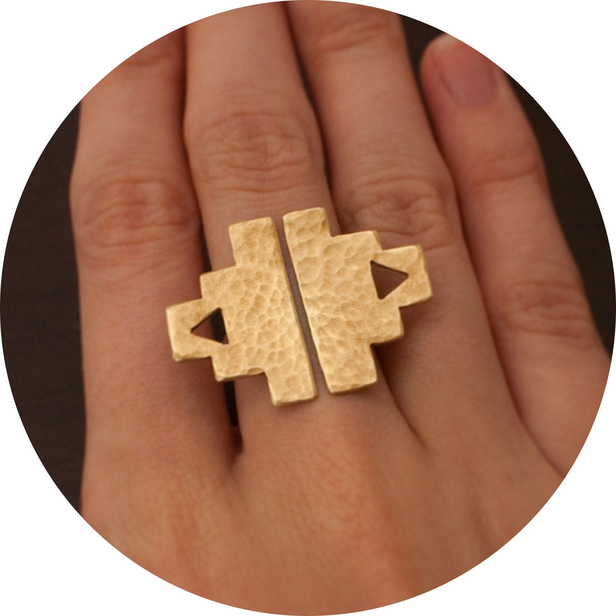 Aztec Temple Ring // Cocktail Statement Sterling silver Golden Hammered Metalwork