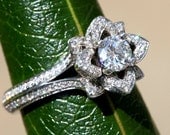 Two Rows - UNIQUE Flower Rose Diamond Engagement Ring - 2.00 carat - 14K white gold - wedding - brides -custom made - art deco - fL05