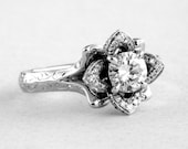 Engraved Uniqie Flower Rose Lotus Blooming Diamond Engagement or Right Hand Ring SETTING Semi Mount - 1.00 carat - Fl09
