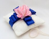 Real Touch Rose Ring Bearer Pillow Choose Your Rose Color - Linen Fabric, Royal Blue Satin Ribbon - Custom Ring Bearer Pillow