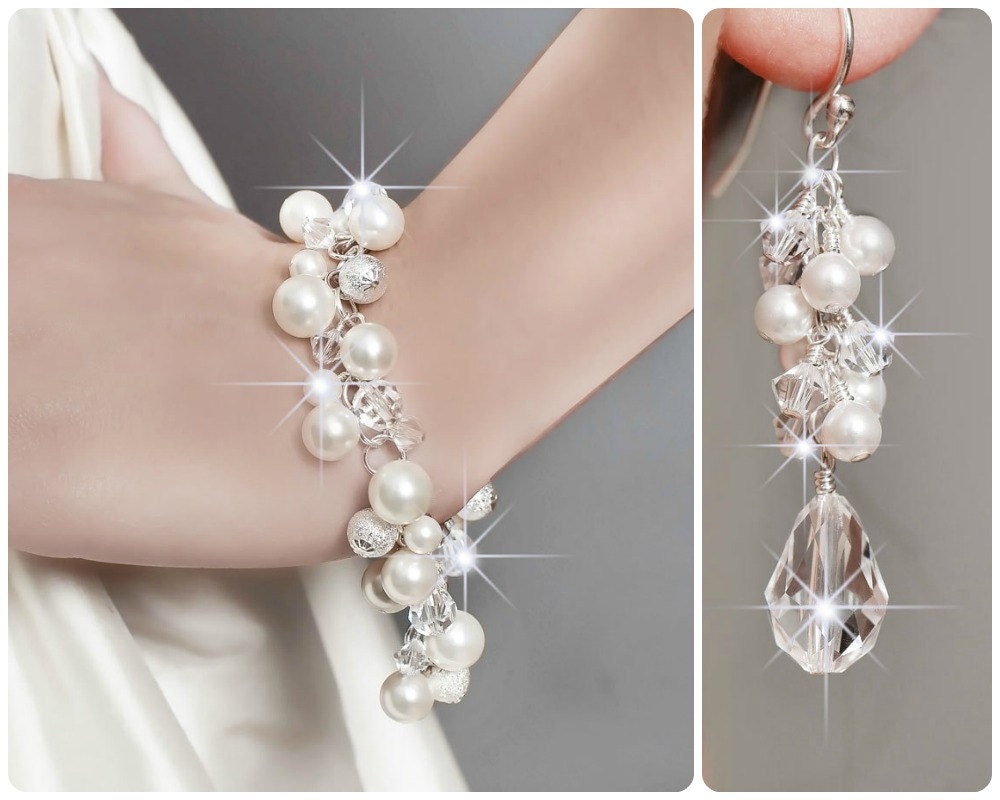 Bridal Jewelry SET, Bridal Pearl Cluster Jewelry SET, Ivory Pearl Jewelry