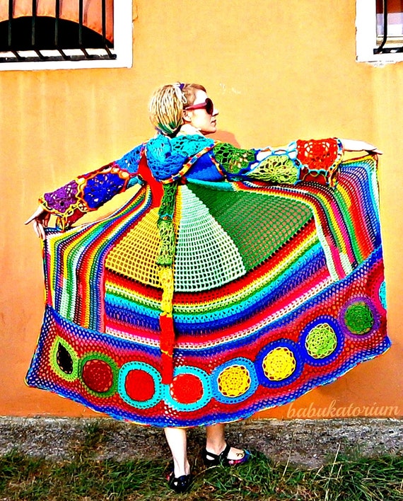 Kaleidocoat -  Multicolor Multimotif Striped And Hooded Hippie Crochet Coat