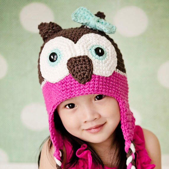 Funky Girls Owl Ear Flap Hat--Baby, Toddler, Child--Custom Color Options