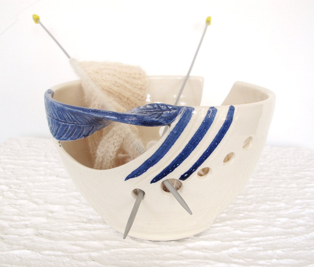 Blue Twisted Leaf Ceramic Yarn Holder Bowl, Knitting Bowl, Dots, Fresh White POTTERY stoneware clay