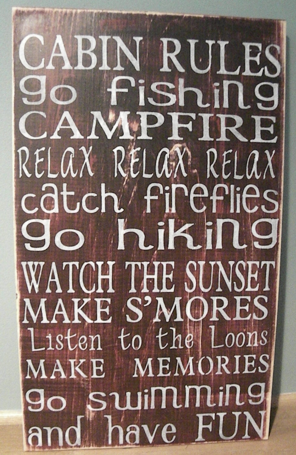 Extra Large Rustic Cabin Lake Cottage Rules Sign Primitive Typography subway sign