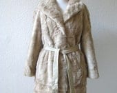 vintage 70's luxurious faux mink fur coat with leather belt in fawn beige.