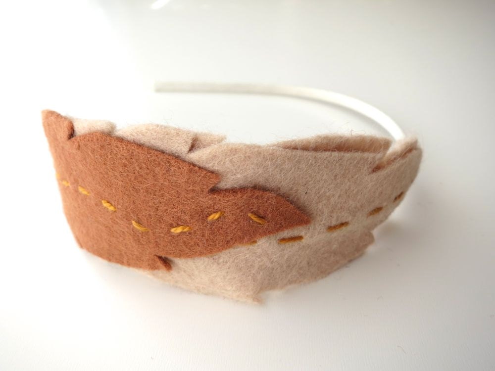 Boho Stitched Felt Feather Headband . Camel . Rust . Brown . Taupe . Bark - Fairy Woodland
