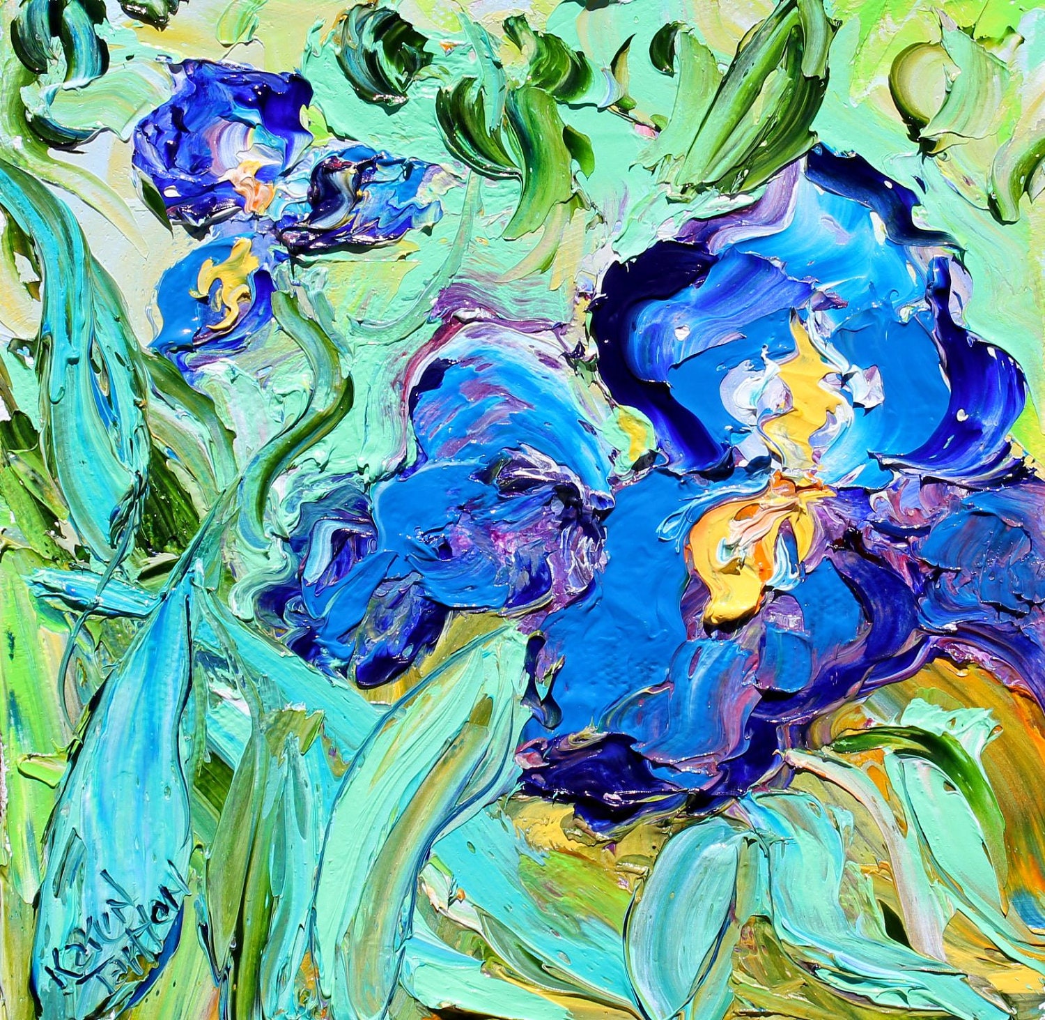 Flowers Original Textured Palette Knife Iris Irises Oil Painting Contemporary Floral Modern Art impressionism fine art by Karen Tarlton