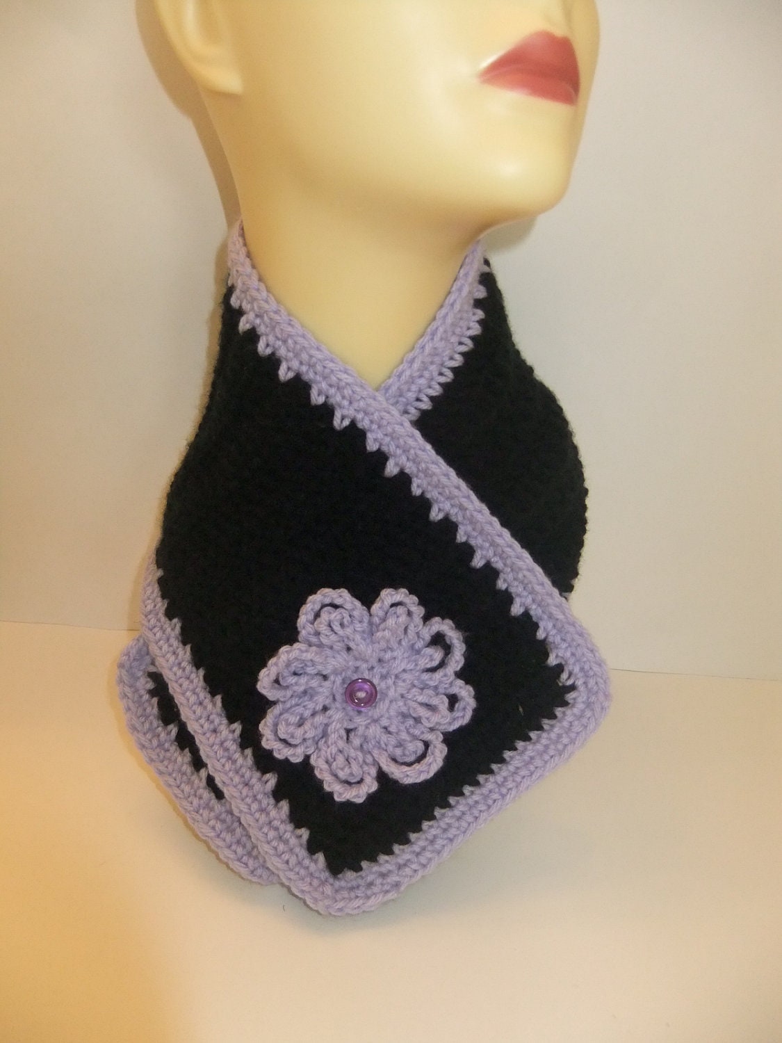 Black and Purple, Handmade Crochet Scarf/Neck Warmer, Women's, Fashionable, Flower, Button, Accessory