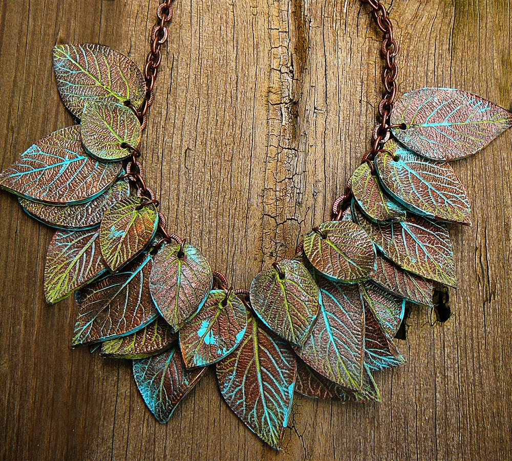 Leaves copper and patina polymer clay necklace