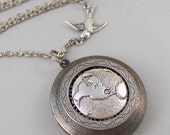 Little Traveler,Locket,Silver Locket,Bird,Wing,Globe,World,Sparrow,Antique Locket,Steampunk. Handmade jewelry by valleygirldesigns.