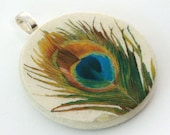 Pendant, Vintage Peacock Feather, Handmade Decoupaged, FREE SHIPPING - retropage