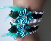 Wedding Garters, Black & White Satin Garters, Turquoise Garters, Teal Blue Garters, Peacock Garters, Jade Prom Garters, Kanzashi Flower