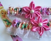 Bridal Wedding Garters, Pink Prom Garters, Swarovski TinkerBell Garters, Pink Satin Garters, Disney Princess Wedding Garters