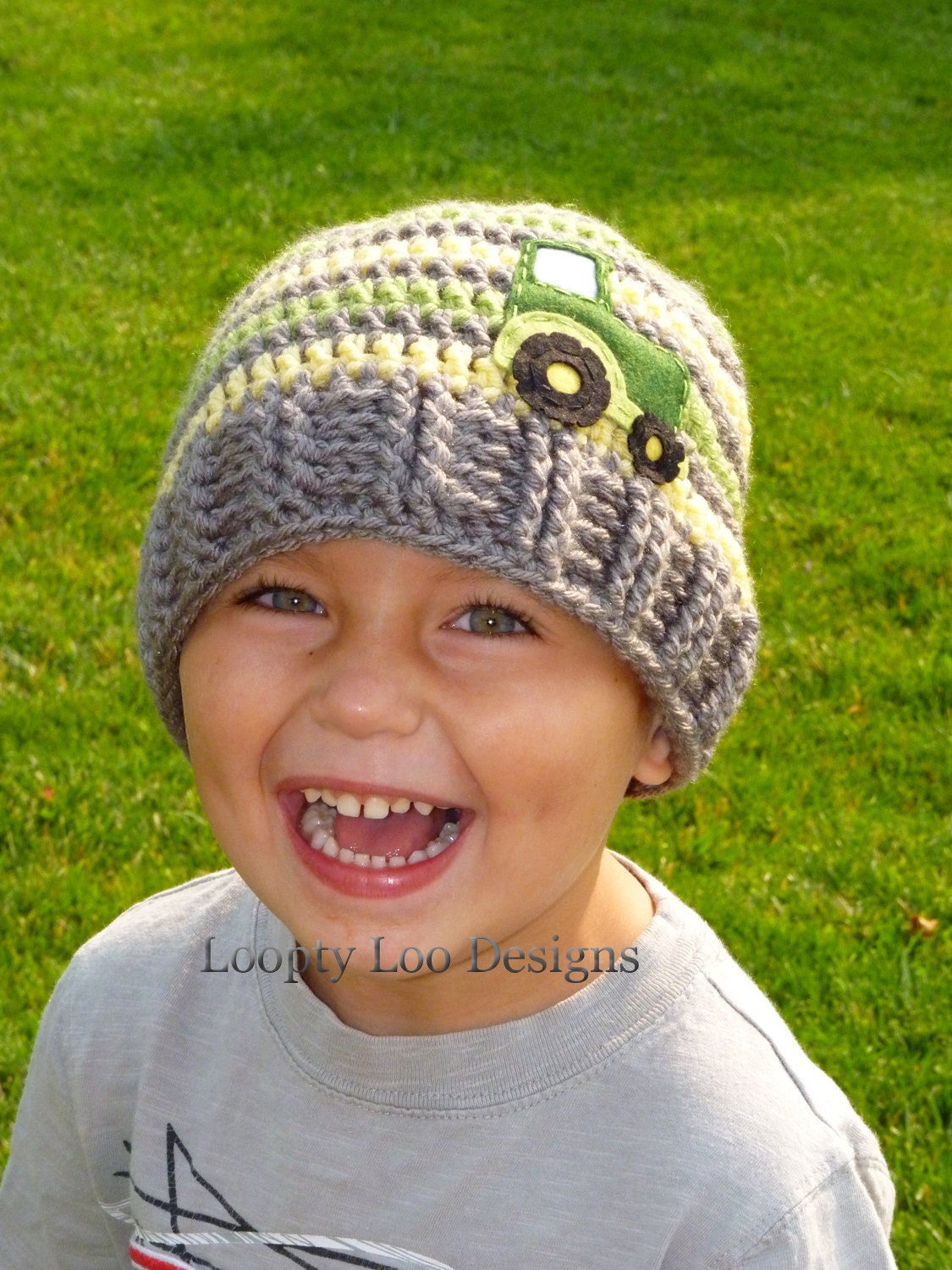 Crochet Tractor Hat -Photo Prop -Sizes 12 MONTHS and UP,Boy, Girl, Striped Beanie, Toddler   (additional colors available)
