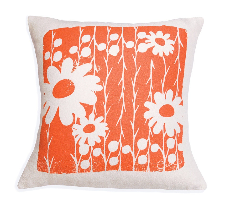 Decorative Pillow, Orange, Flower, Daisy, 20 inch, Hand Screened on Cotton Bark Cloth - erinflett