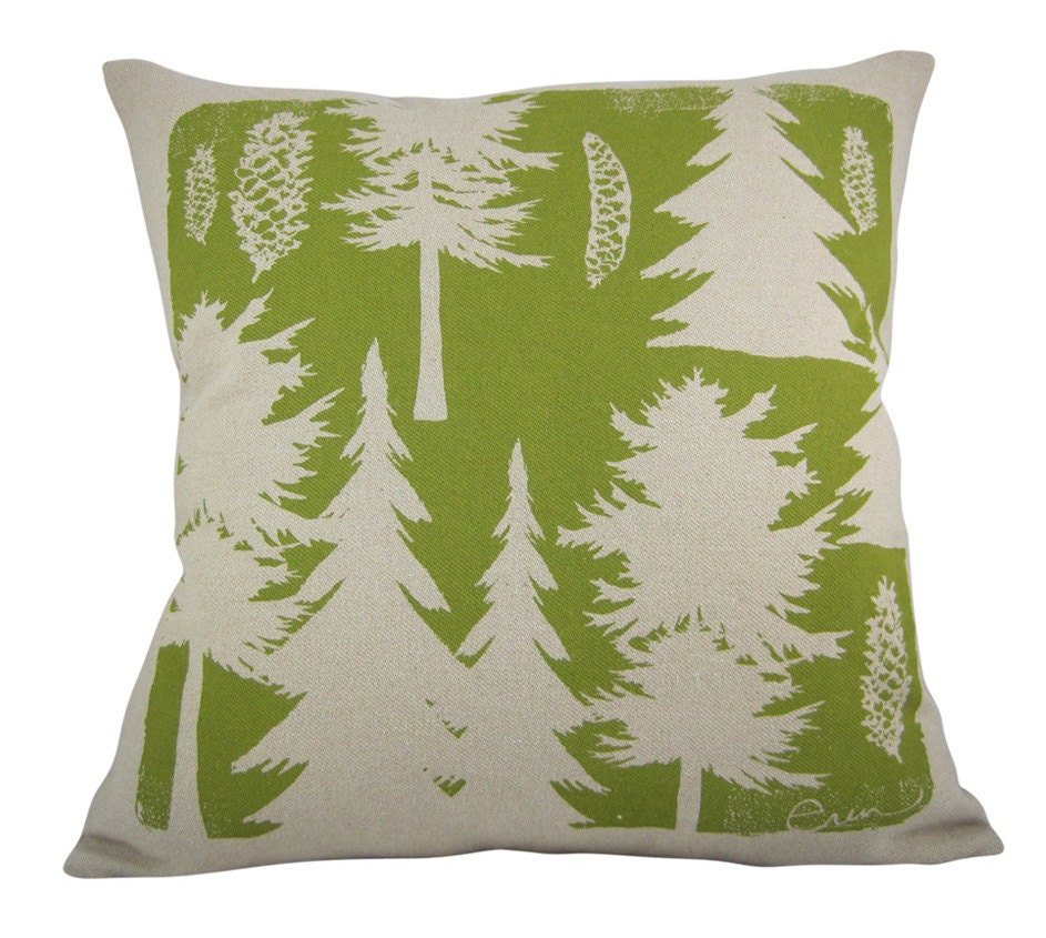 Decorative Pillow, Green, Pine Trees, Maine Woods, Hand Screened, Cotton Bark Cloth 10 Inch