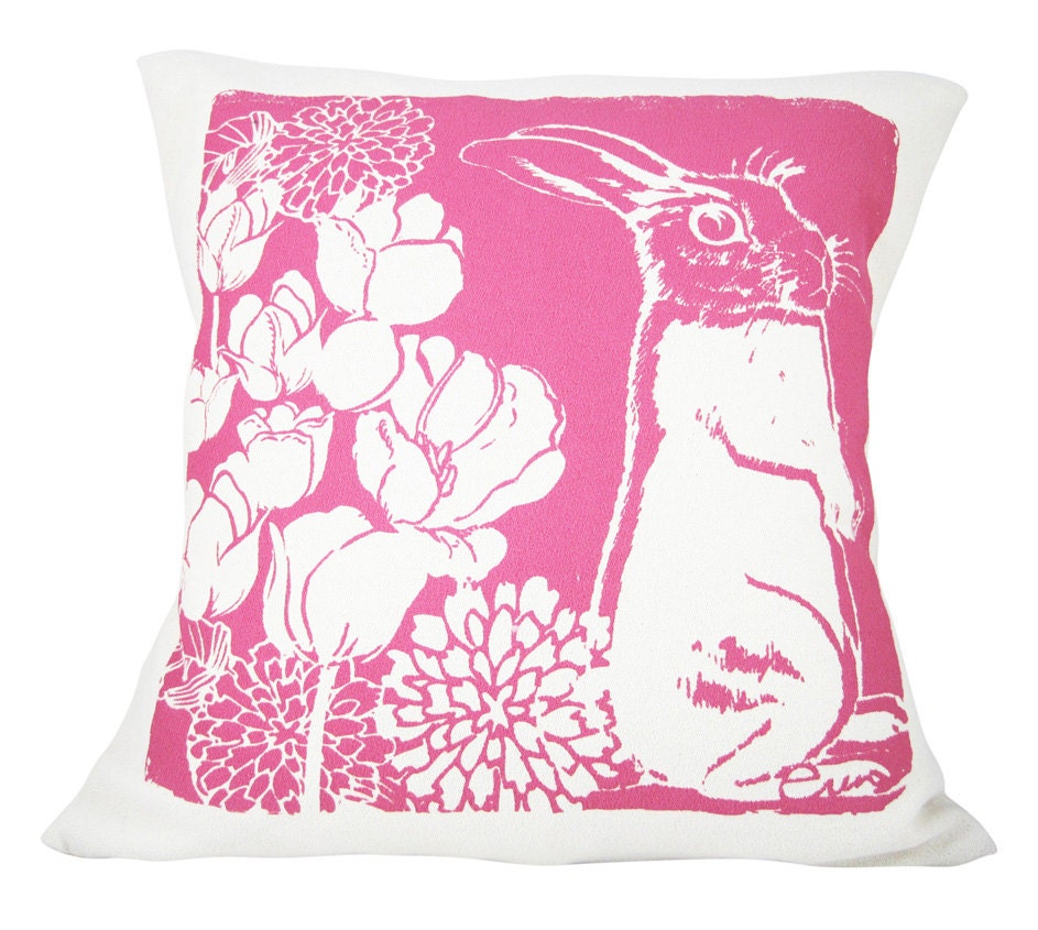 Hot Pink Bunny Pillow, Kid Pillow, Hot PInk, Cotton Bark Cloth, 20x20 inch, Silk Screened