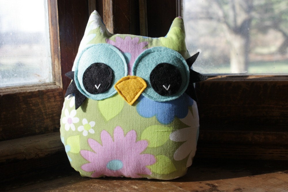 owl decor pillow, owl toy, stuffed owl plush, vintage fabric