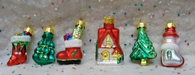 6 Glass Blown Miniature Ornaments - 2 Stockings - 2 Trees - House - Snowman - 2" Christmas Decoration - Unique Christmas Treasures - Lot 49