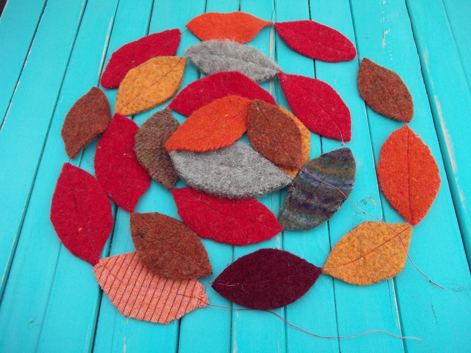 Eight Foot Fulled Felted Wool Leaf Garland Fall Colors Red Orange
