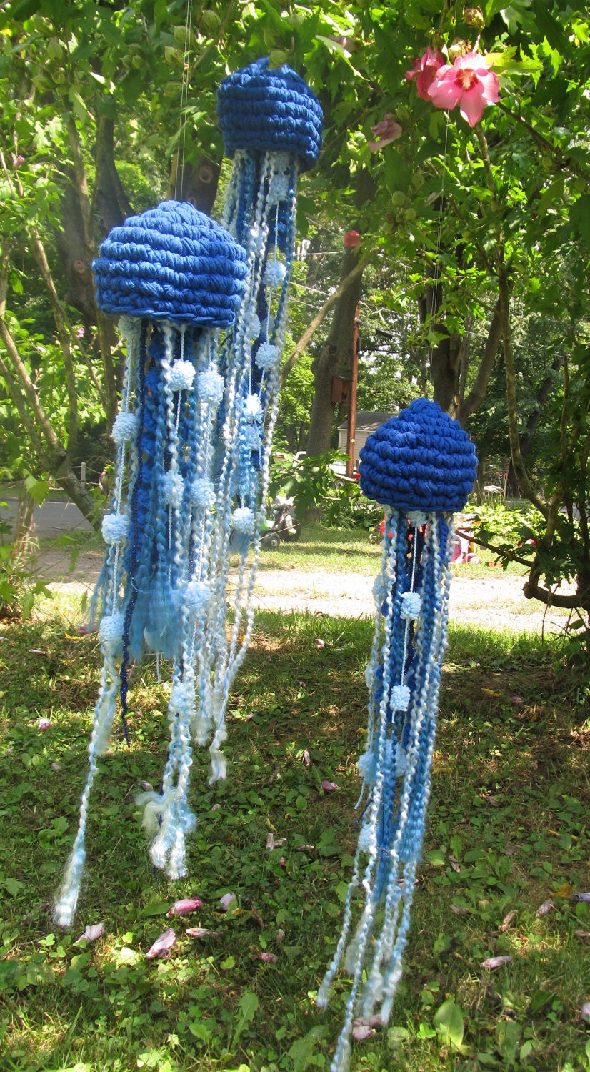 Set of 3 Large Upcycled Crochet Jellyfish. OOAK made to Order. Home Decor