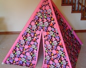 Child's Play Teepee - Wooden poles - Hot Pink Flowers Purple Peace Signs on Black (Free Shipping)
