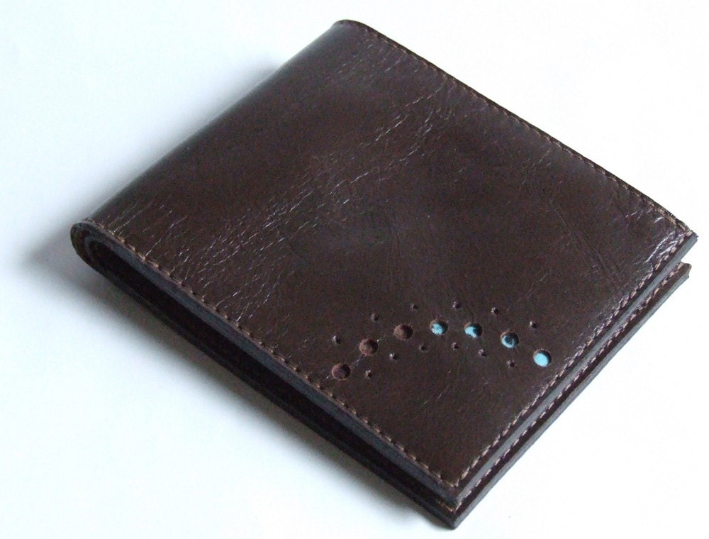 Brown leather wallet with blue and brown african paisley print lining
