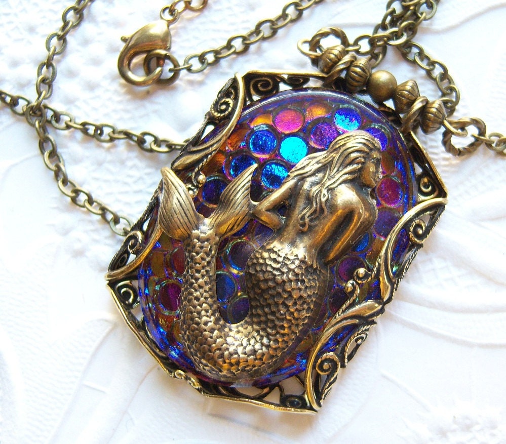 Mermaid filigree heliotrope glass handmade statement necklace FREE-SHIPPING -US - BR732