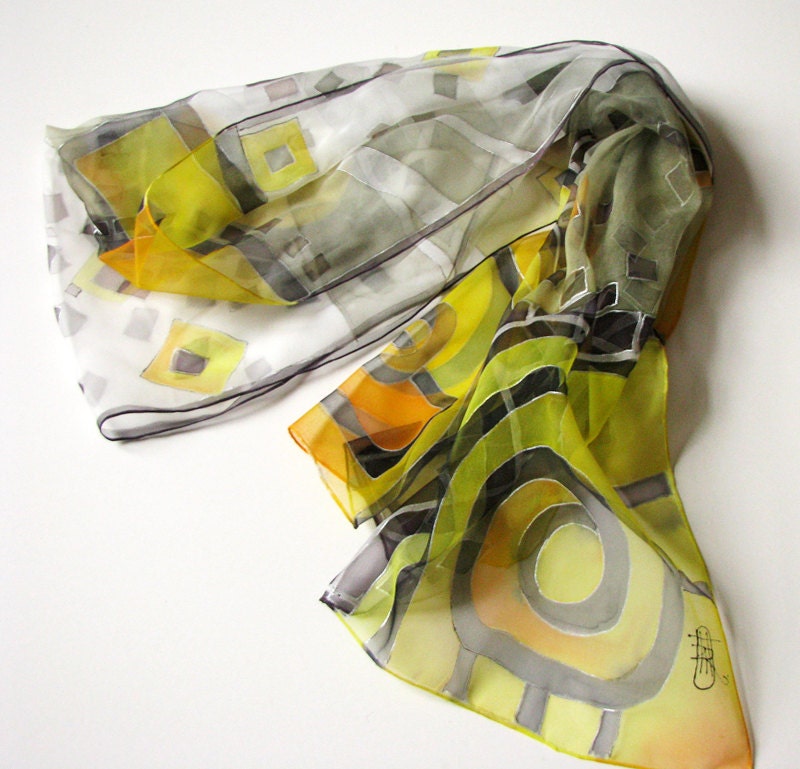 Silk scarf hand painted - chiffon silk - ornamental black and yellow 18x72 inch